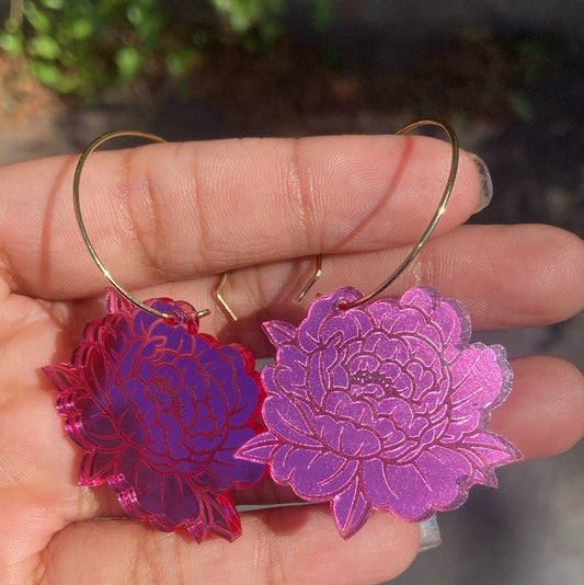 Pink Peony Earrings, Flower Hoops,Holographic