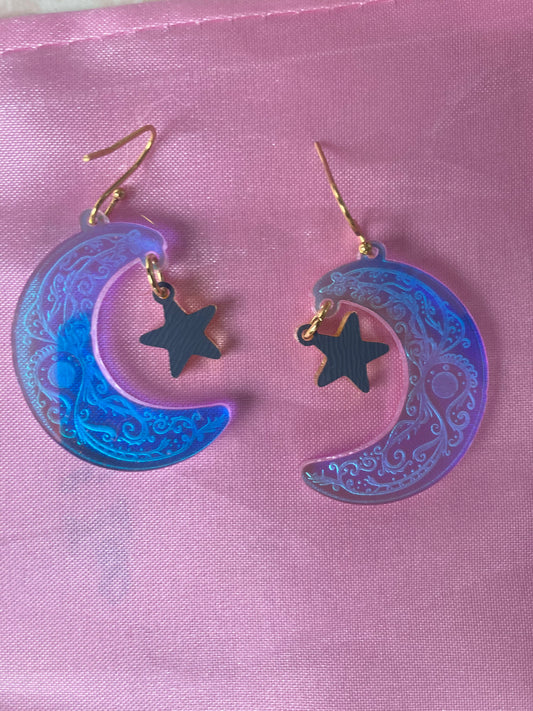 Celestial Moon & Star Earrings Holographic Statement Dangle